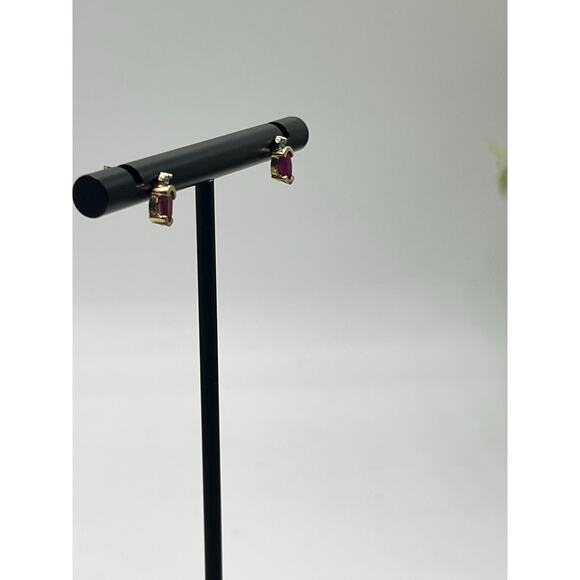 Designer Yellow Gold 14K July Ruby and Diamond Post Back Stud Elegant Earrings - Picture 4 of 11